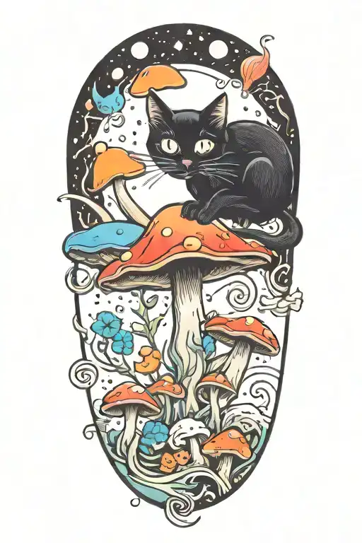 Black Cat With 3 Eye Balls And Trippy Colorful Mushrooms With Moon Melting