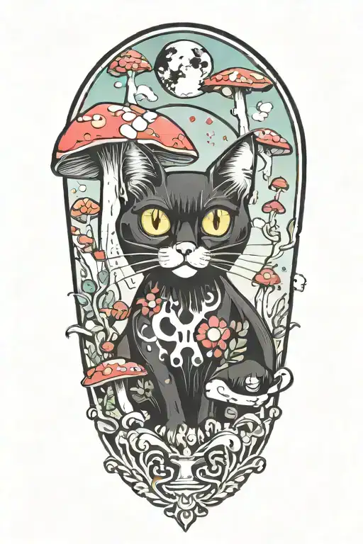 Black Cat With 3 Eye Balls And Trippy Colorful Mushrooms With Moon Melting