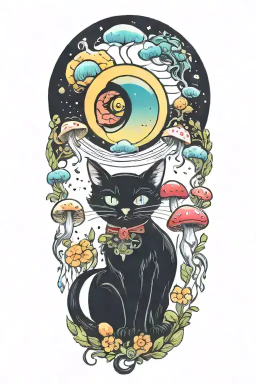 Black Cat With 3 Eye Balls And Trippy Colorful Mushrooms With Moon Melting