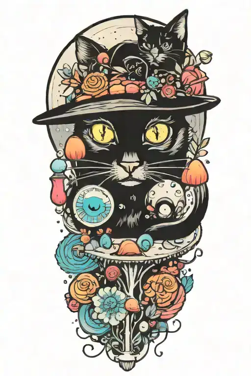 Black Cat With 3 Eye Balls And Trippy Colorful Mushrooms With Moon Melting