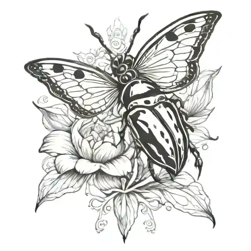 Lotus Flower And Hercules Beetle Flying