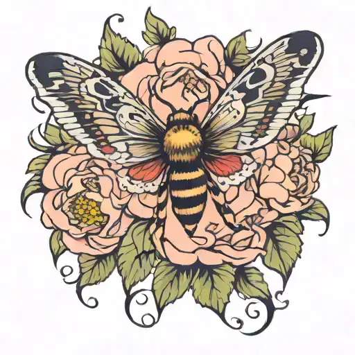 Death Head Moth With Peonies And Leaves