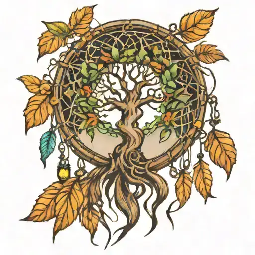 A Tree Of Life With Leaves In A Dream Catcher
