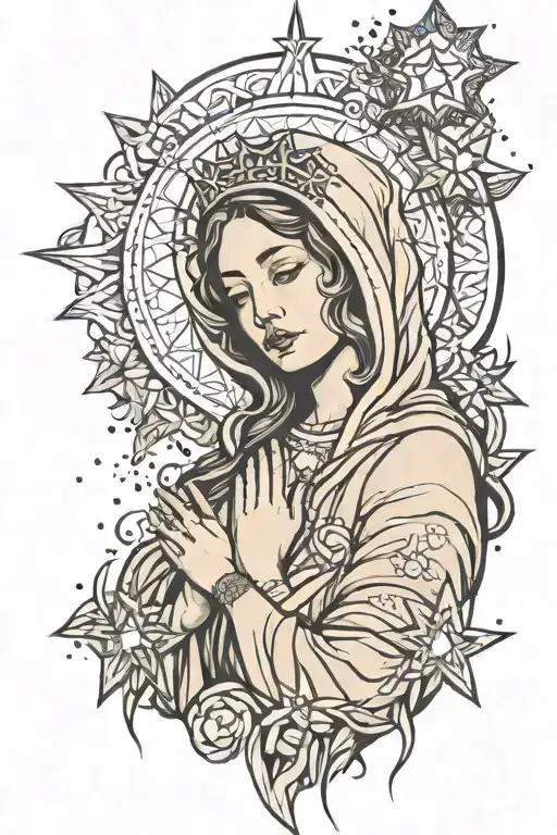Mother Mary Godess With Stars Around Head And Hands Up
