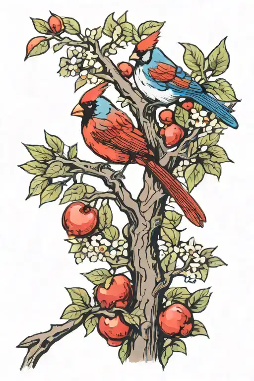 A Cardinal And A Blue Jay Perched On An Apple Tree Branch