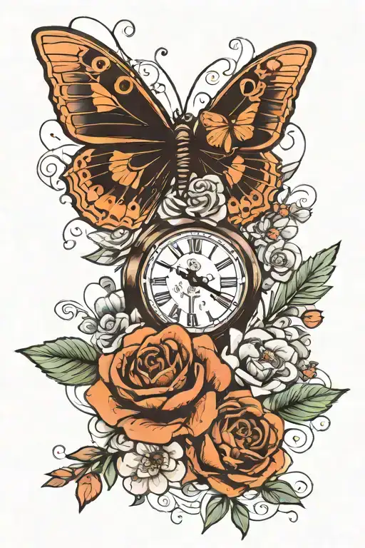A Minimalist Bouquet Of Flowers With A Flying Butterfly And Roman Numerals