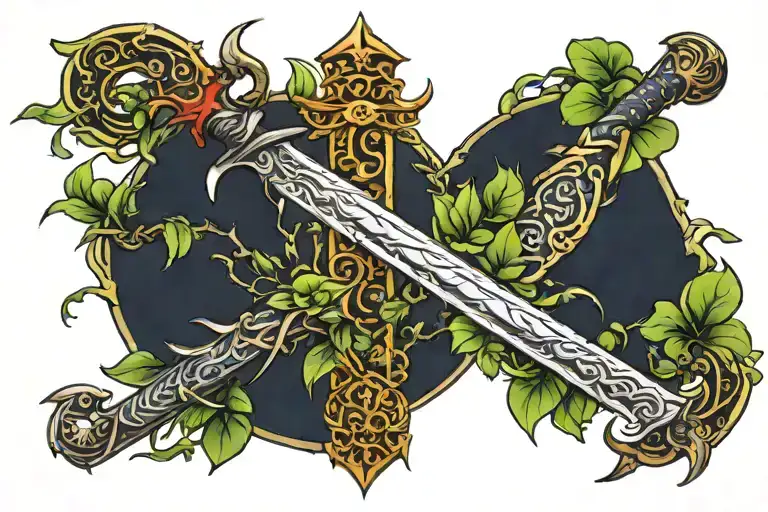 Elegant Sword Surounded By Small Flying Dragons And Plants