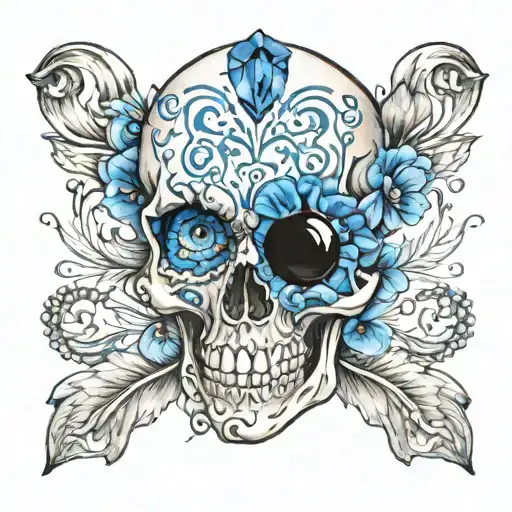 Skull Candy Watercolor With Blue Sapphire Stones Eyes