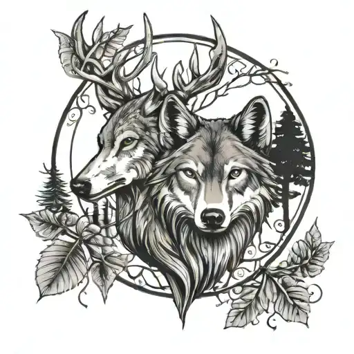 Wolf And Deer Head With Trees