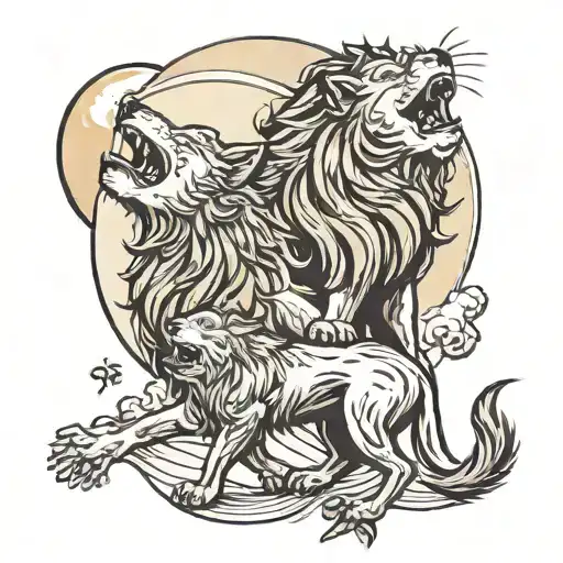 Lion And Wolf Howling At The Moon