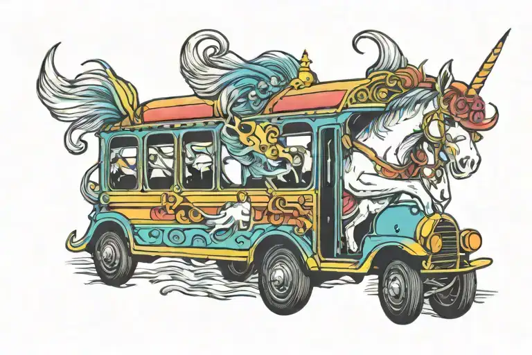 Rainbow Unicorn Driving A Bus