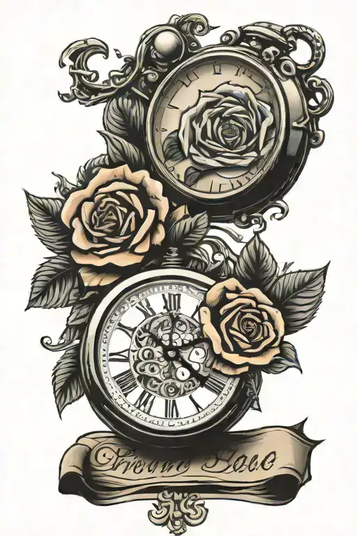 Roses Pocket Watch And Banner With Date In Roman Numbers