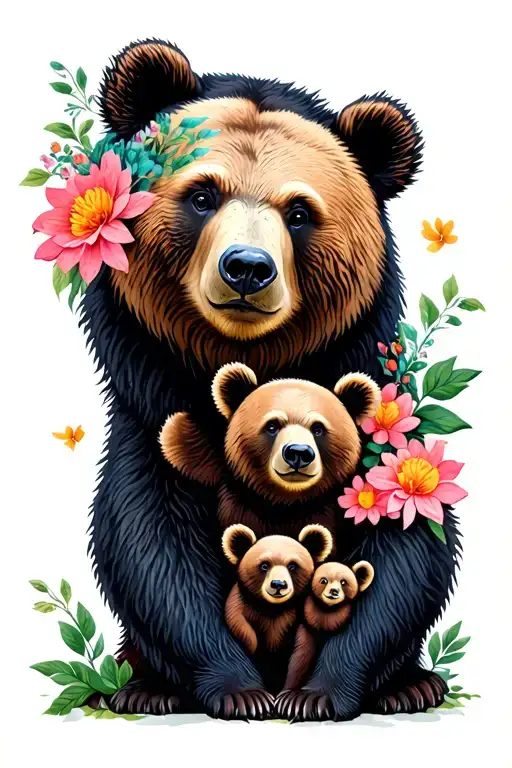 Mom Bear And 4Cubs With Flowers Growing