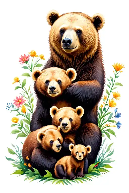 Mom Bear And 4 Cubs With Flowers Growing