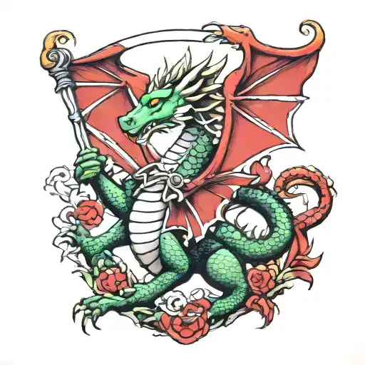 Welsh Dragon Holding Scotish Flag Intertwined