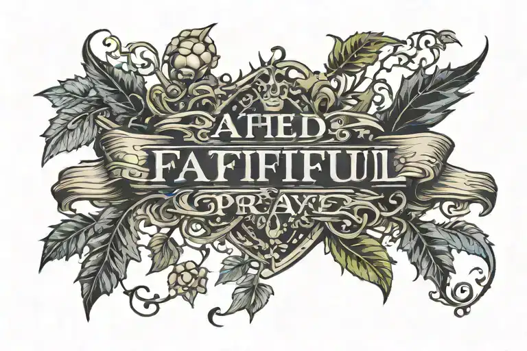 Words Faithful In Prayer Written Inside A Banner Surrounded By Thorny Vines And Clouds