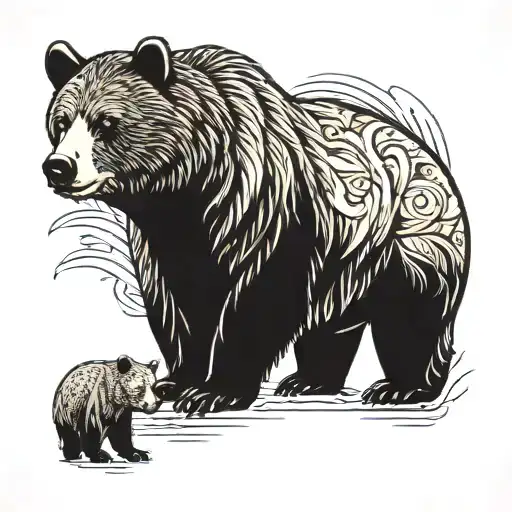 Grizzly Bear With Two Little Bears Facing Each Other