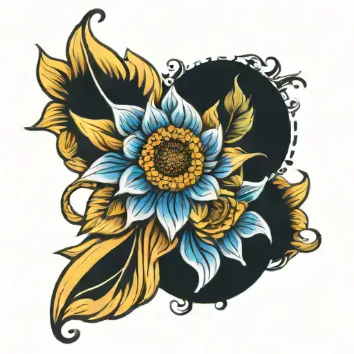 Blue And Yellow Ribbon With Sunflower And Lotus Flower