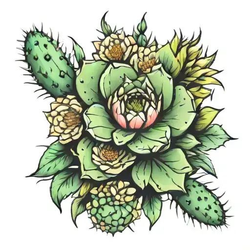 Cactus Surrounded By Flowers Blooming