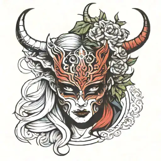 Demon Mask And Lady Under The Veil