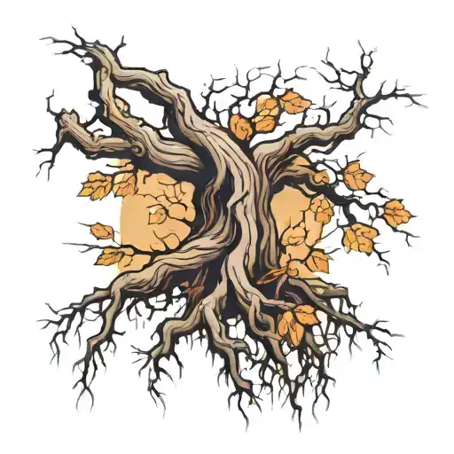 Big Old Tree Roots Exposed And Long Branches With Some Leaves