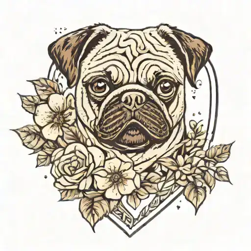 Fine Line Heart With Little Flowers And A Pug Inside The Heart