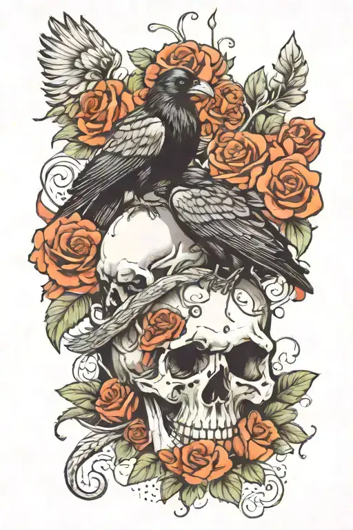 Crow Sitting On Skull With Snake Intertwined With Skull And Flowers
