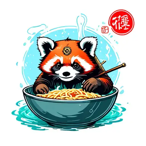 Red Panda Wearing A Samurai Armor Taking A Bath In A Japanese Ramen Bowl
