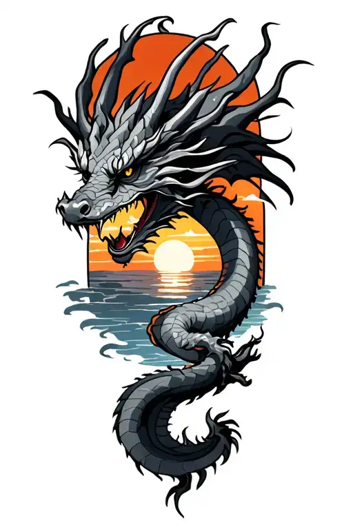 Black And Gray Dragon With Sunset Sky