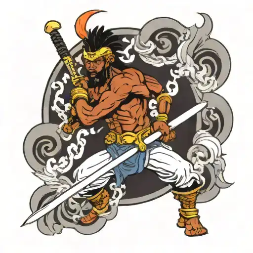 A Neo Traditional Tattoo Of A Powerful Negro Warrior Wielding A Blazing Sword
