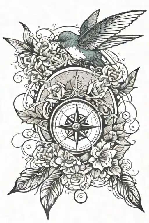 Ocean Waves Compass Rose Flowers Hummingbird