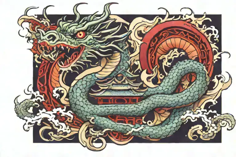 A Dragon Wrapped Around A Japanese Temple Nestled