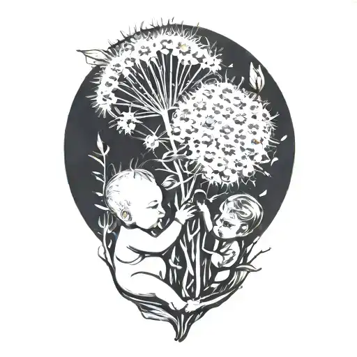 Two Babies Holding Unto The Root Of A Big Dandelion Flower