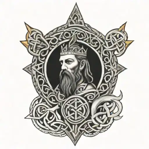 Super Detailed Black And Grey Celtic Style Hand Tattoo Featuring A Celtic God