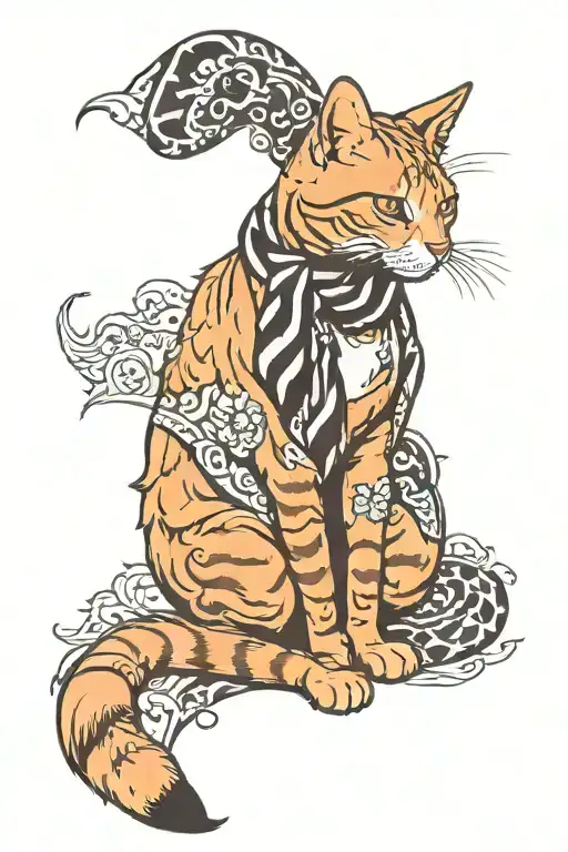 Ginger Cat With Black And White Scarf