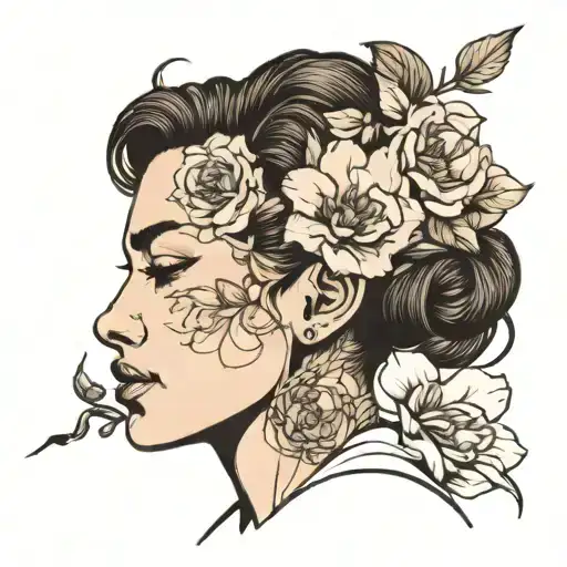 Line Drawing Of Woman With Flower For Head Profile Holding