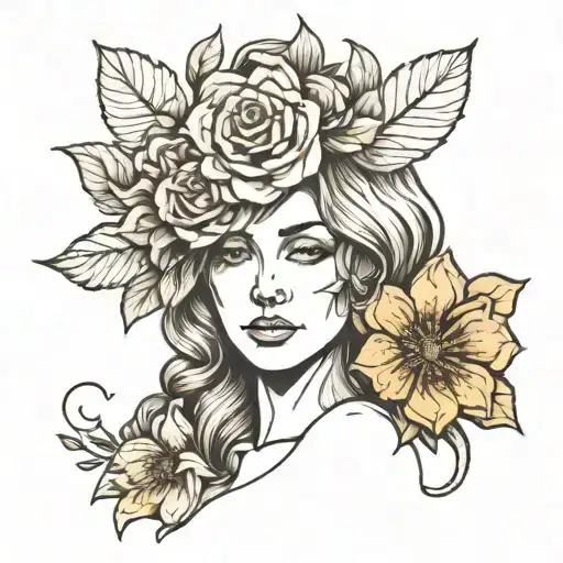 Line Drawing Of Woman's Body With Flower Instead Of Head