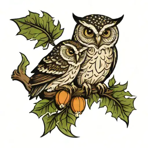 Mother Owl Cuddling Her Baby Owl Surrounded By Oak Leaves And Acorns