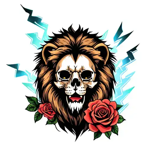 Skull And Lion And Roses And Lightning
