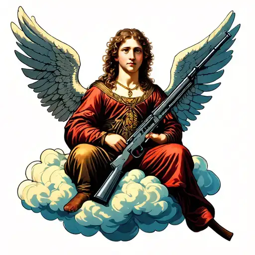 Angel With A Kalachnikov Sitting On A Cloud