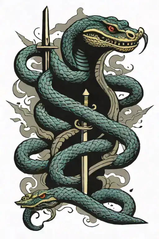 Snake With Sword In The Middle With Jewish Words Behind And Dark Rainy Clouds