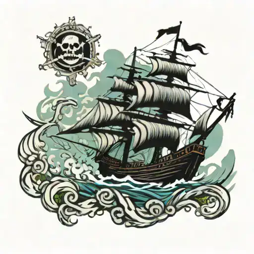 Pirate Ship Sailing With Kraken Attacking