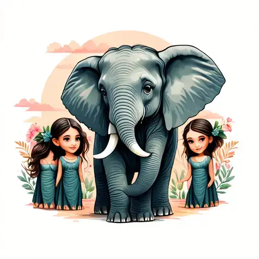 Mom Elephant With Three Daughters Minimalist
