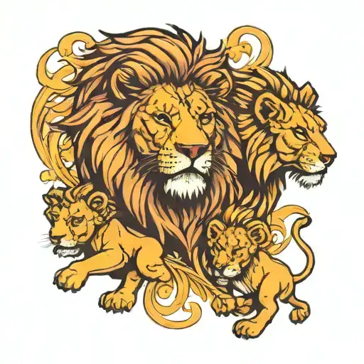 Lion Protects His Two Cubs