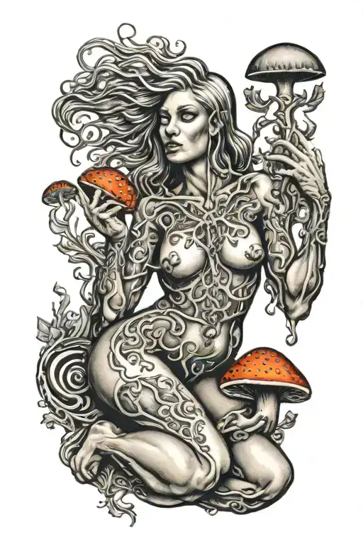 Alex Grey Tattoo Featuring Evil Nude Nymph Holding A Mushroom