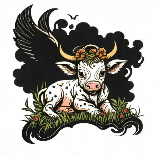 Baby Calf With Small Bull Horns Sitting In Grassy Field With A Halo And Angel Wings