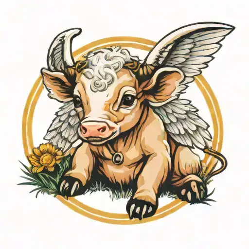 Baby Calf With Small Bull Horns Sitting In Grassy Field With A Halo And Angel Wings With Tuba