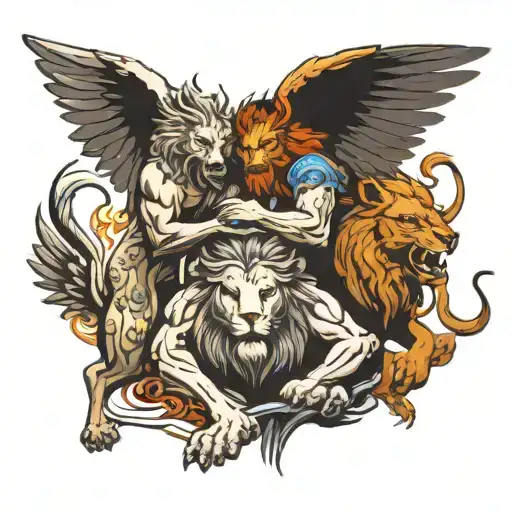 Angel And Lion Fighting Devil And Wolves