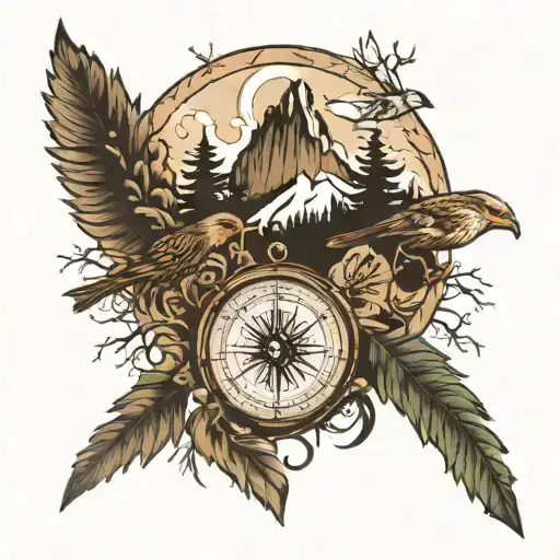 Compass Mountains With Trees Birds That Spell Out Unique