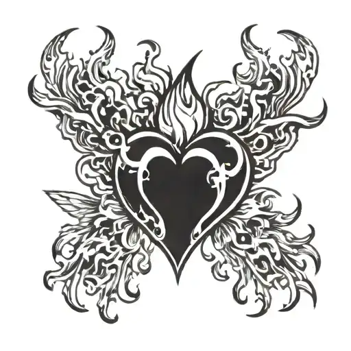 A Neotraditional Tattoo Of A Heart Engulfed In Flames With Shadowy Figures In The Background